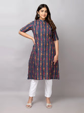 Abstract Ikat Printed Mandarin Collar Cotton A-Line Kurta