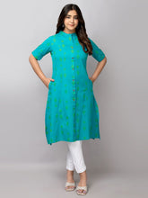 Geometric Ikat Printed Mandarin Collar Pure Cotton A-Line Kurta