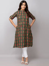 Abstract Ikat Printed Mandarin Collar Pure Cotton A-Line Kurta