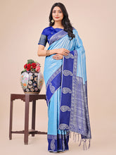 Blue Linen Cotton Woven Zari Work Traditional Tassel Saree