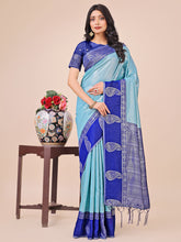 Linen Cotton Blue Color Zari Work Tassel Saree