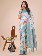 Teal Blue Linen Cotton Saree with Zari Border