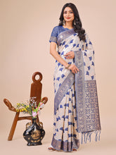 Elegant Linen Cotton Saree with Blue Woven Motifs