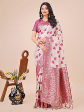 Magenta Linen Cotton Saree with Zari Work & Tassels