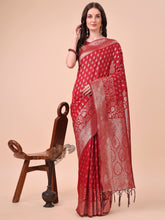 Red Lichi Silk Saree with Heavy Zari Work & Tassels