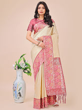 Cream Lichi Silk Saree with Zari Weaving & Tassels
