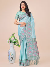 Teal Lichi Silk Saree with Zari Detailing & Tassels