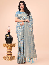 Sky Blue Cotton Saree with Zari Weave & Traditional Tassels