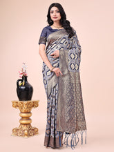 Navy Blue Handwoven Cotton Saree with Tassels