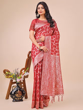 Elegant Red Linen Cotton Zari Work Traditional Tassel Saree