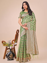 Green Linen Cotton Saree with Zari Weaving & Traditional Tassels
