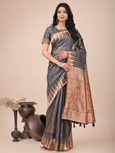 Grey Linen Cotton Zari Saree with Tassels