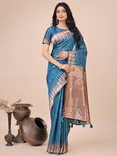 Blue Linen Cotton Zari Saree with Tassels