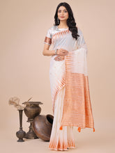Classic White Linen Saree with Handwoven Zari & Elegant Tassels