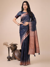 Navy Blue Linen Cotton Saree with Rich Zari Weave & Tassels