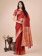 Festive Red Linen Cotton Saree with Zari Borders & Tassel Finish