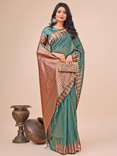 Graceful Green Linen Cotton Saree with Zari Weave & Tassels