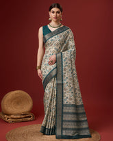 Party Wear Cream Color Digital Printed Cotton Saree