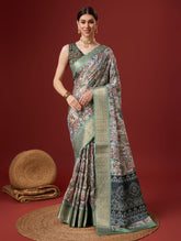 Attractive Grey Color Digital Printed Cotton Saree