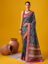 Dark Blue Cotton Printed Party Wear Saree