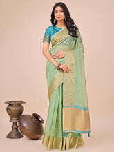 Elegant Light Green Organza Saree with Golden Border