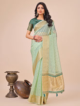 Elegant Pastel Green Organza Saree with Golden Border