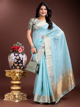 Elegant Sky Blue Cotton Ready to Wear Saree with Golden Border