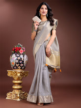 Grey Cotton Ready to Wear Saree with Golden Zari Pallu & Border