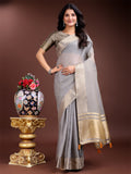 Grey Cotton Ready to Wear Saree with Golden Zari Pallu & Border