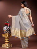 Grey Cotton Ready to Wear Saree with Golden Zari Pallu & Border