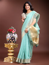 Pastel Green Cotton Ready to Wear Saree with Gold Border & Pallu