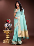Pastel Green Cotton Ready to Wear Saree with Gold Border & Pallu