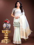 Graceful Light Green Ready to Wear Cotton Saree with Golden Zari Border