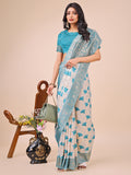 Teal Blue Linen Cotton Saree with Zari Border