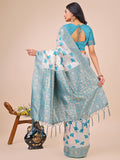 Teal Blue Linen Cotton Saree with Zari Border