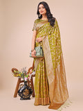 Designer Olive Green Banarasi Silk Saree with Golden Zari Work