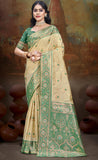 Fashion Petals Sizzling Beige And Teal Green Color Silk Saree