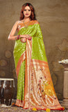 Compelling Parrot Green Color Paithani Silk Saree