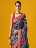 Dark Blue Cotton Printed Party Wear Saree