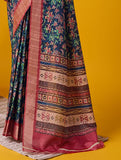 Dark Blue Cotton Printed Party Wear Saree
