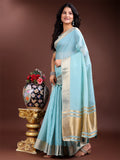Elegant Sky Blue Cotton Ready to Wear Saree with Golden Border